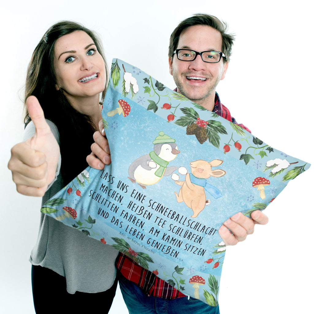 40x40 Kissen Pinguin Hase Schneeballschlacht Kissenhülle, Kopfkissen, Sofakissen, Dekokissen, Motivkissen, Winter, Weihnachten, Weihnachtsdeko, Nikolaus, Advent, Heiligabend, Wintermotiv