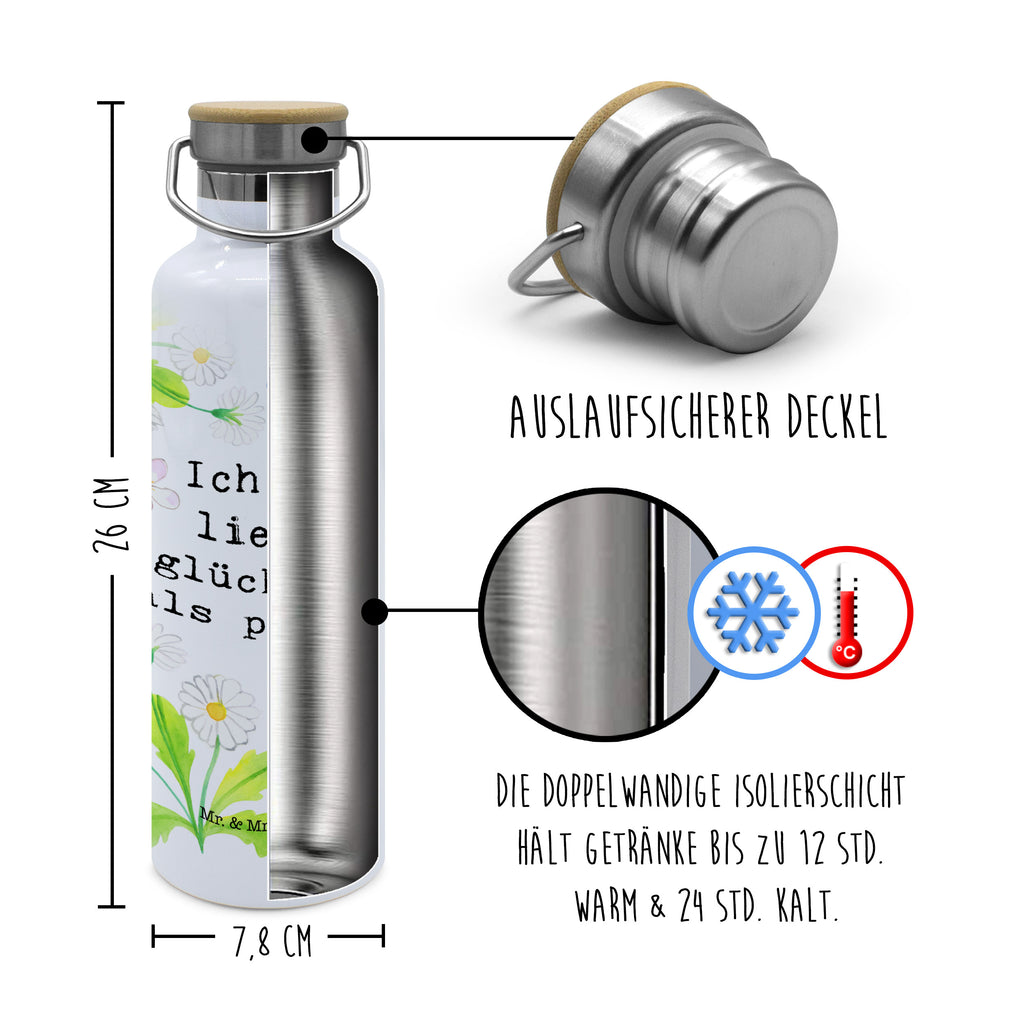 Trinkflasche Lieber glücklich als perfekt Thermosflasche, Isolierflasche, Edelstahl, Trinkflasche, 0, 75 l, isoliert, Wamrhaltefunktion, Sportflasch, Flasche zum Sport, Sportlerflasche, Blumen Deko, Frühlings Deko, Sommer Deko, Dekoration, positive Botschaft, Naturliebhaber, Outdoor, Natur, Abenteuer
