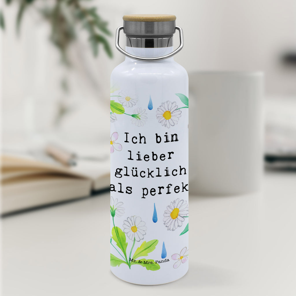 Trinkflasche Lieber glücklich als perfekt Thermosflasche, Isolierflasche, Edelstahl, Trinkflasche, 0, 75 l, isoliert, Wamrhaltefunktion, Sportflasch, Flasche zum Sport, Sportlerflasche, Blumen Deko, Frühlings Deko, Sommer Deko, Dekoration, positive Botschaft, Naturliebhaber, Outdoor, Natur, Abenteuer