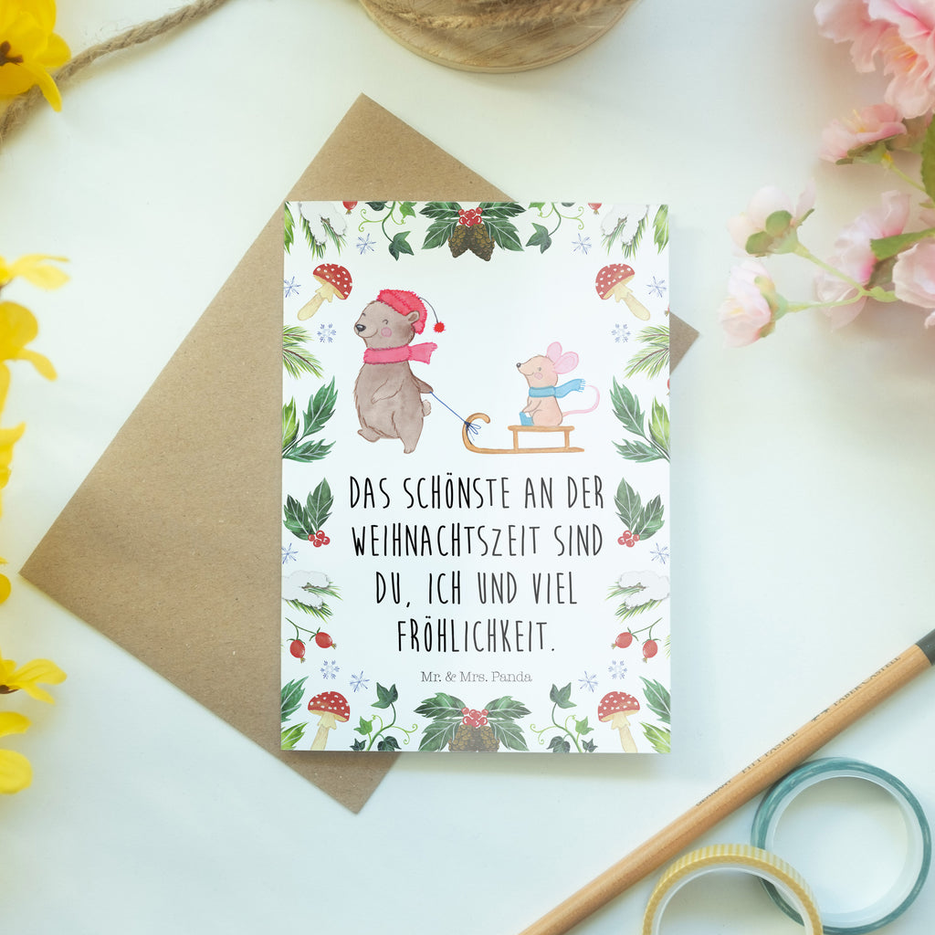 Grußkarte Bär Maus Schlitten Klappkarte, Einladungskarte, Glückwunschkarte, Hochzeitskarte, Geburtstagskarte, Karte, Winter, Weihnachten, Weihnachtsdeko, Nikolaus, Advent, Heiligabend, Wintermotiv