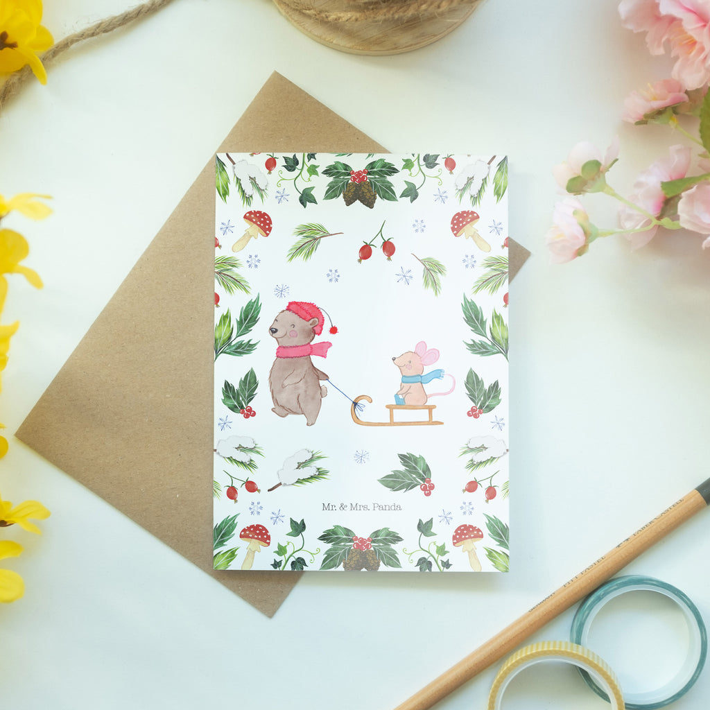 Grußkarte Bär Maus Schlitten Klappkarte, Einladungskarte, Glückwunschkarte, Hochzeitskarte, Geburtstagskarte, Karte, Winter, Weihnachten, Weihnachtsdeko, Nikolaus, Advent, Heiligabend, Wintermotiv