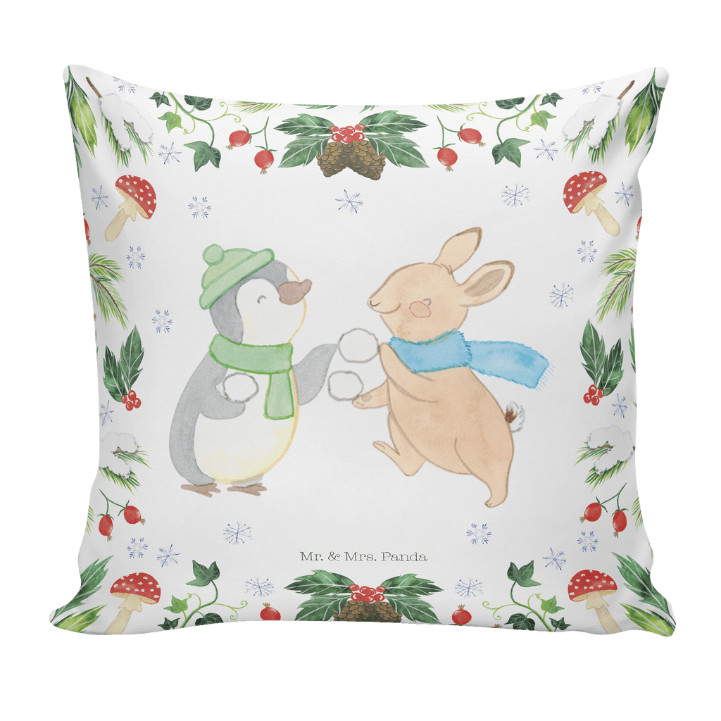 40x40 Kissen Pinguin Hase Schneeballschlacht Kissenhülle, Kopfkissen, Sofakissen, Dekokissen, Motivkissen, Winter, Weihnachten, Weihnachtsdeko, Nikolaus, Advent, Heiligabend, Wintermotiv