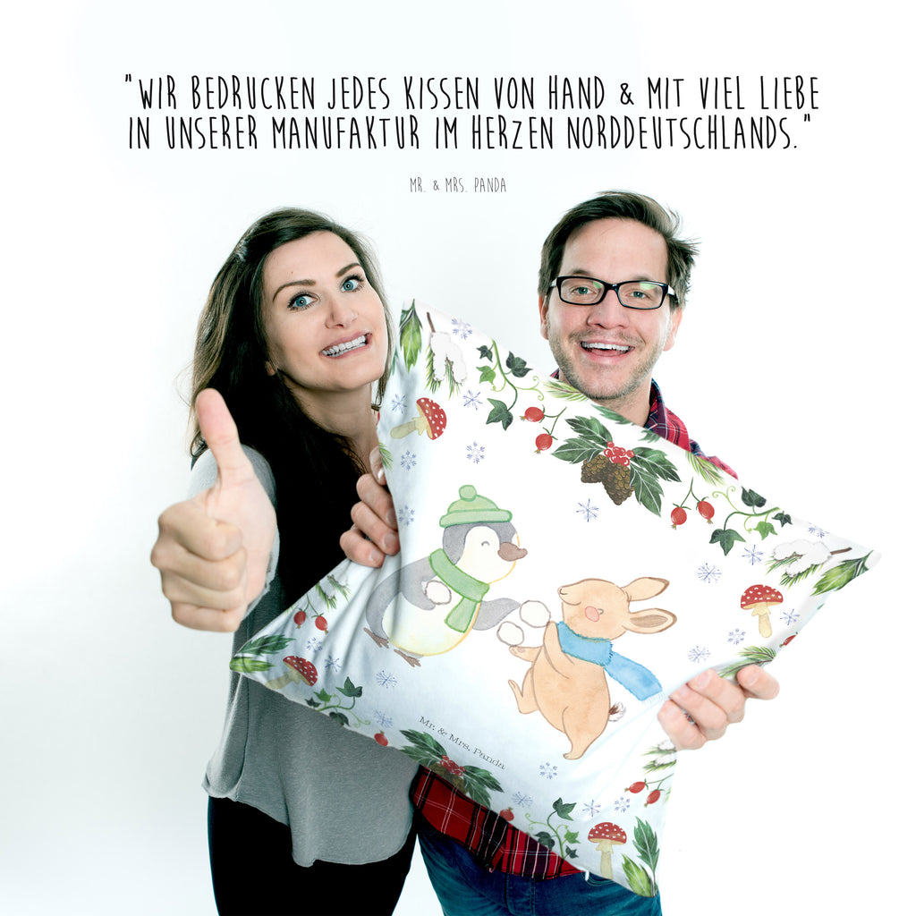 40x40 Kissen Pinguin Hase Schneeballschlacht Kissenhülle, Kopfkissen, Sofakissen, Dekokissen, Motivkissen, Winter, Weihnachten, Weihnachtsdeko, Nikolaus, Advent, Heiligabend, Wintermotiv