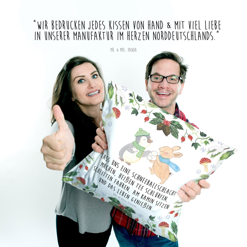 40x40 Kissen Pinguin Hase Schneeballschlacht Kissenhülle, Kopfkissen, Sofakissen, Dekokissen, Motivkissen, Winter, Weihnachten, Weihnachtsdeko, Nikolaus, Advent, Heiligabend, Wintermotiv