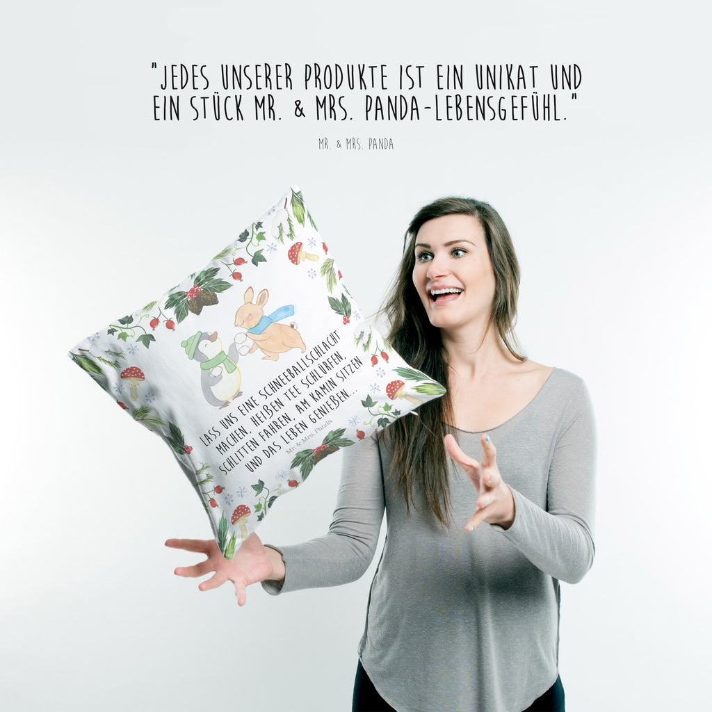 40x40 Kissen Pinguin Hase Schneeballschlacht Kissenhülle, Kopfkissen, Sofakissen, Dekokissen, Motivkissen, Winter, Weihnachten, Weihnachtsdeko, Nikolaus, Advent, Heiligabend, Wintermotiv