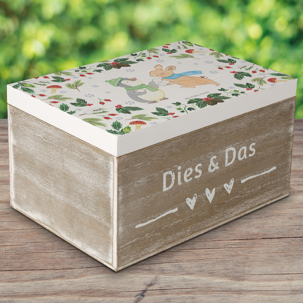 Holzkiste Pinguin Hase Schneeballschlacht Holzkiste, Kiste, Schatzkiste, Truhe, Schatulle, XXL, Erinnerungsbox, Erinnerungskiste, Dekokiste, Aufbewahrungsbox, Winter, Weihnachten, Weihnachtsdeko, Nikolaus, Advent, Heiligabend, Wintermotiv