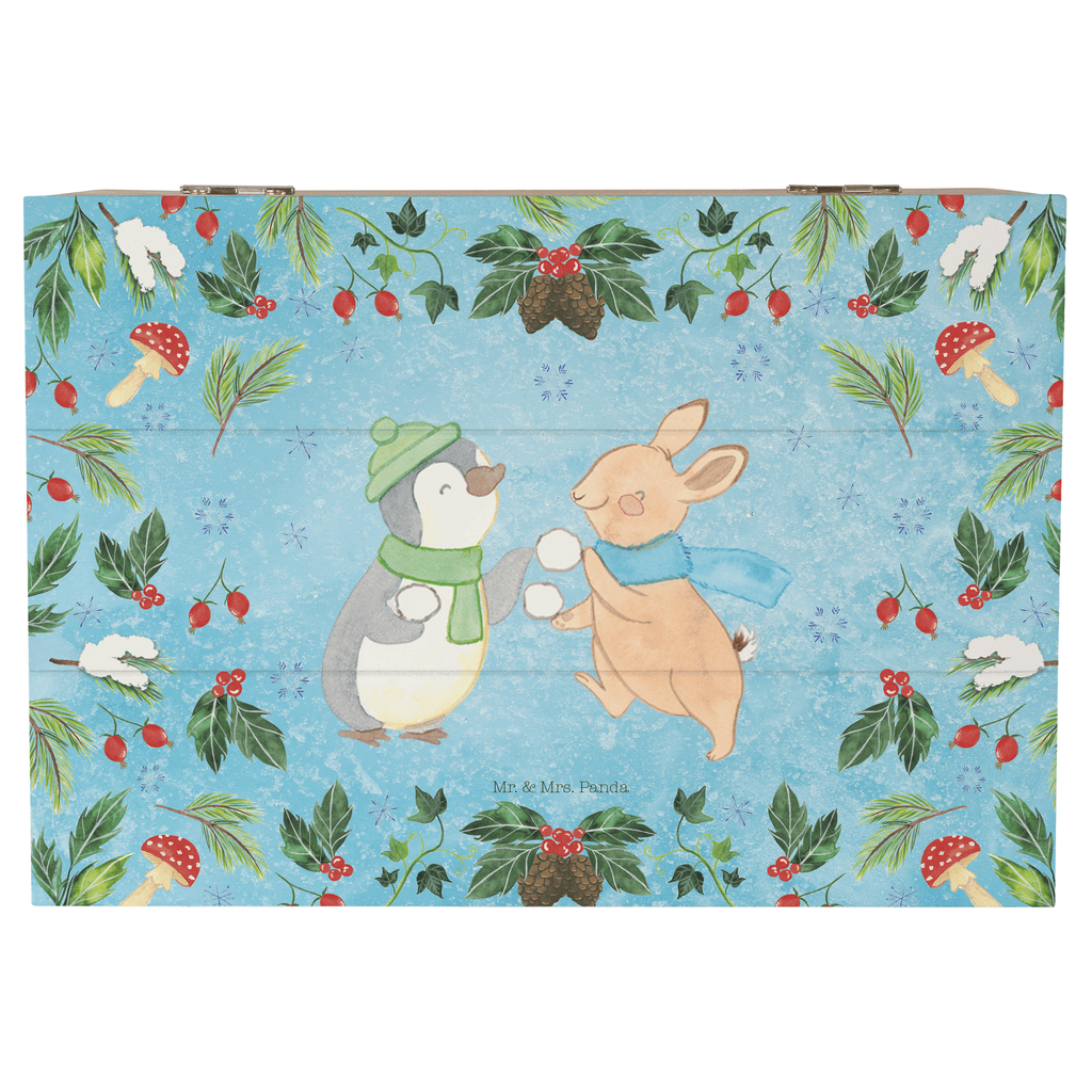 Holzkiste Pinguin Hase Schneeballschlacht Holzkiste, Kiste, Schatzkiste, Truhe, Schatulle, XXL, Erinnerungsbox, Erinnerungskiste, Dekokiste, Aufbewahrungsbox, Winter, Weihnachten, Weihnachtsdeko, Nikolaus, Advent, Heiligabend, Wintermotiv