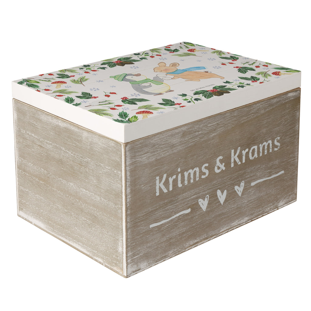 Holzkiste Pinguin Hase Schneeballschlacht Holzkiste, Kiste, Schatzkiste, Truhe, Schatulle, XXL, Erinnerungsbox, Erinnerungskiste, Dekokiste, Aufbewahrungsbox, Winter, Weihnachten, Weihnachtsdeko, Nikolaus, Advent, Heiligabend, Wintermotiv