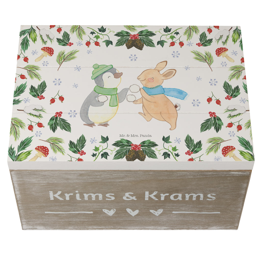 Holzkiste Pinguin Hase Schneeballschlacht Holzkiste, Kiste, Schatzkiste, Truhe, Schatulle, XXL, Erinnerungsbox, Erinnerungskiste, Dekokiste, Aufbewahrungsbox, Winter, Weihnachten, Weihnachtsdeko, Nikolaus, Advent, Heiligabend, Wintermotiv