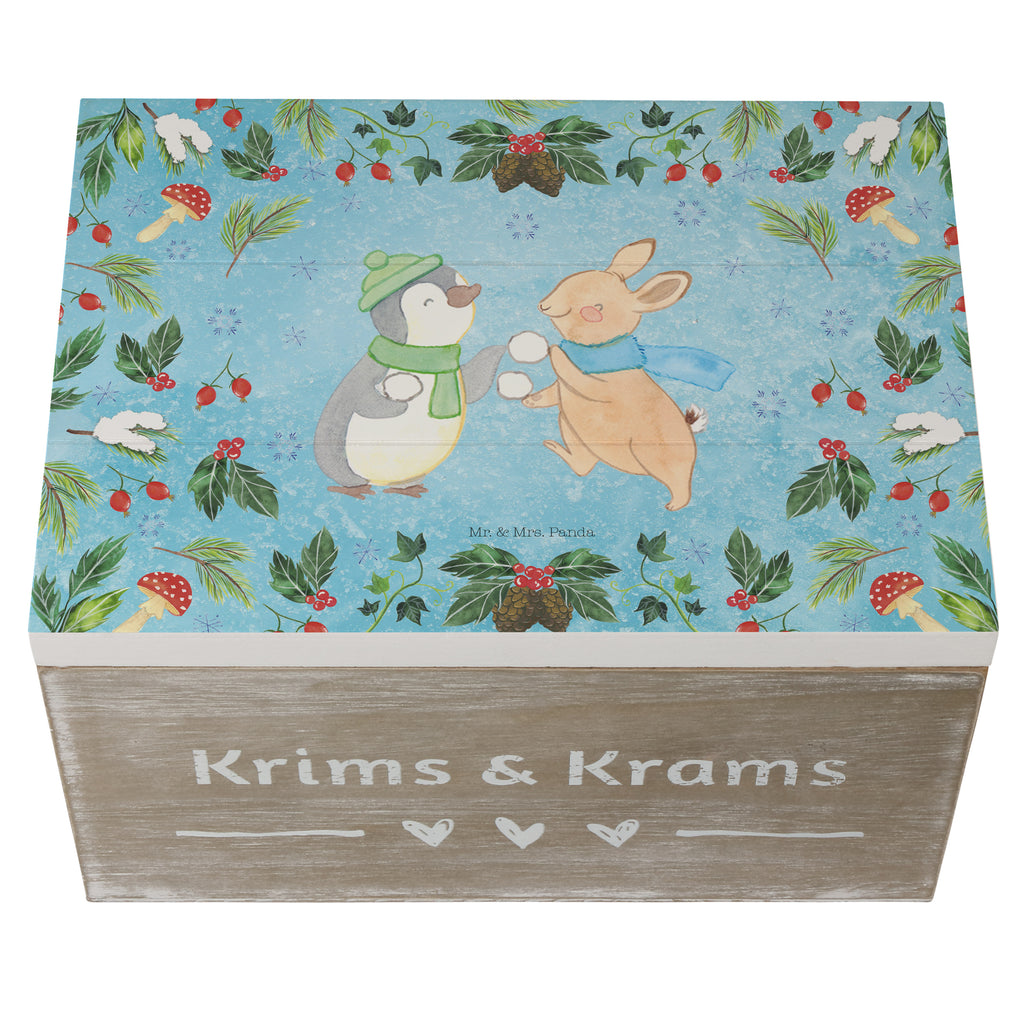 Holzkiste Pinguin Hase Schneeballschlacht Holzkiste, Kiste, Schatzkiste, Truhe, Schatulle, XXL, Erinnerungsbox, Erinnerungskiste, Dekokiste, Aufbewahrungsbox, Winter, Weihnachten, Weihnachtsdeko, Nikolaus, Advent, Heiligabend, Wintermotiv