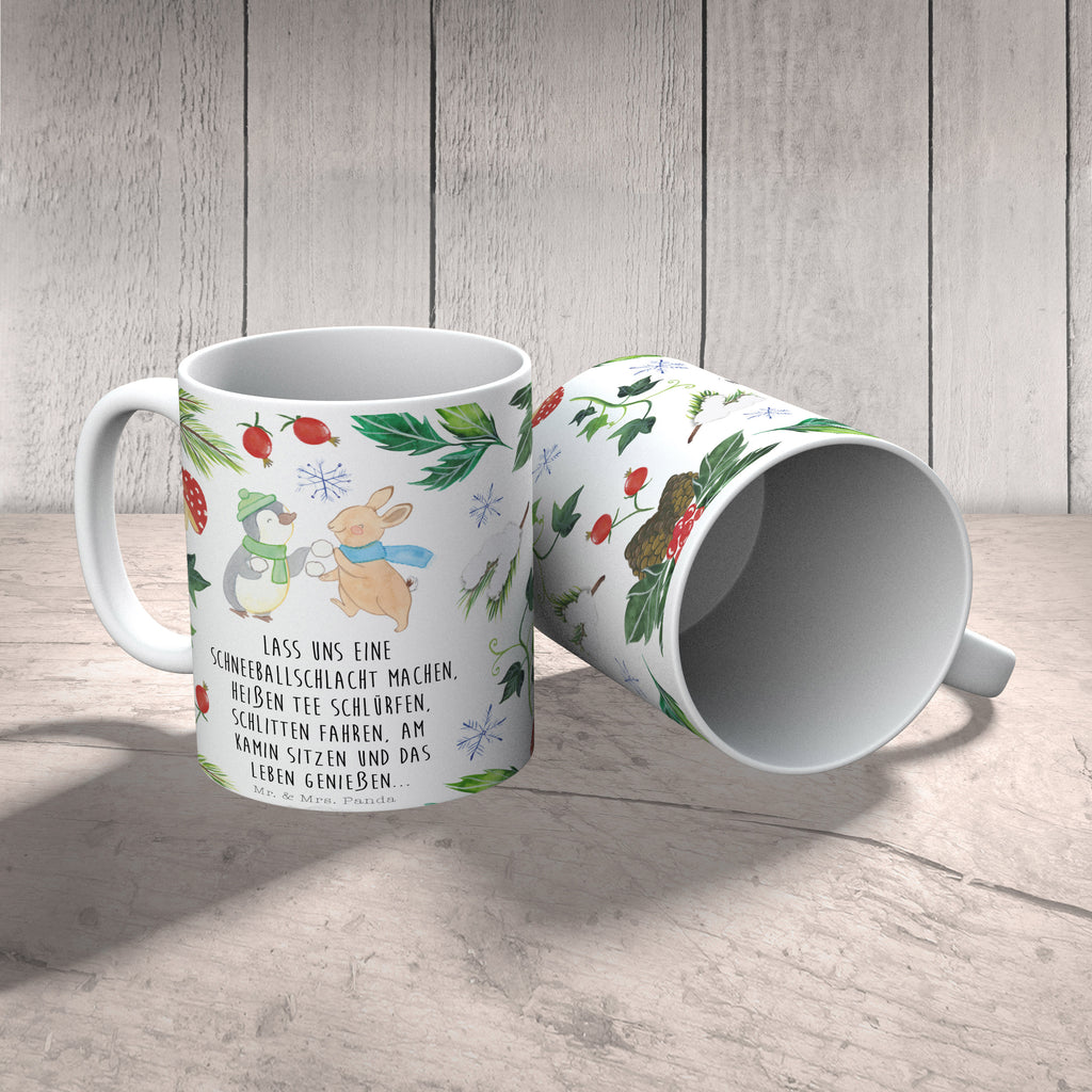 Tasse Pinguin Hase Schneeballschlacht  Becher, Kaffeetasse, Kaffeebecher, Tee, Frühstück, Büro  Winter, Weihnachten, Weihnachtsdeko, Nikolaus, Advent, Heiligabend, Wintermotiv