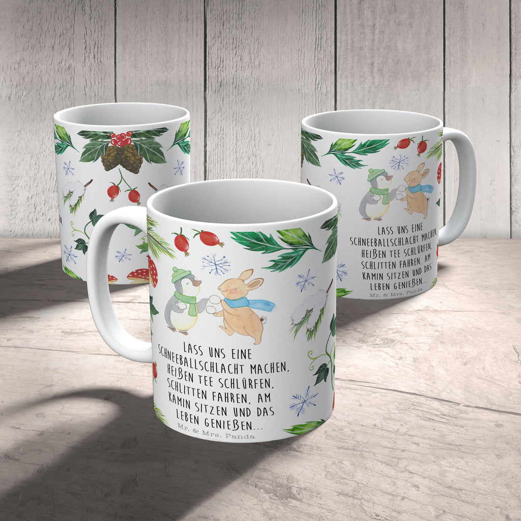 Tasse Pinguin Hase Schneeballschlacht  Becher, Kaffeetasse, Kaffeebecher, Tee, Frühstück, Büro  Winter, Weihnachten, Weihnachtsdeko, Nikolaus, Advent, Heiligabend, Wintermotiv