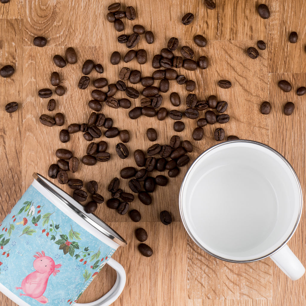 Camping Emaille Tasse Axolotl Glücklich Campingtasse, Trinkbecher, Metalltasse, Outdoor Tasse, Emaille Trinkbecher, Blechtasse Outdoor, Emaille Campingbecher, Edelstahl Trinkbecher, Metalltasse für Camping, Kaffee Blechtasse, Camping Tasse Metall, Winter, Weihnachten, Weihnachtsdeko, Nikolaus, Advent, Heiligabend, Wintermotiv