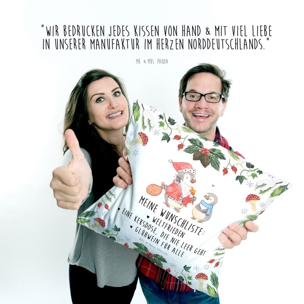 40x40 Kissen Pinguin Wunschliste Kissenhülle, Kopfkissen, Sofakissen, Dekokissen, Motivkissen, Winter, Weihnachten, Weihnachtsdeko, Nikolaus, Advent, Heiligabend, Wintermotiv