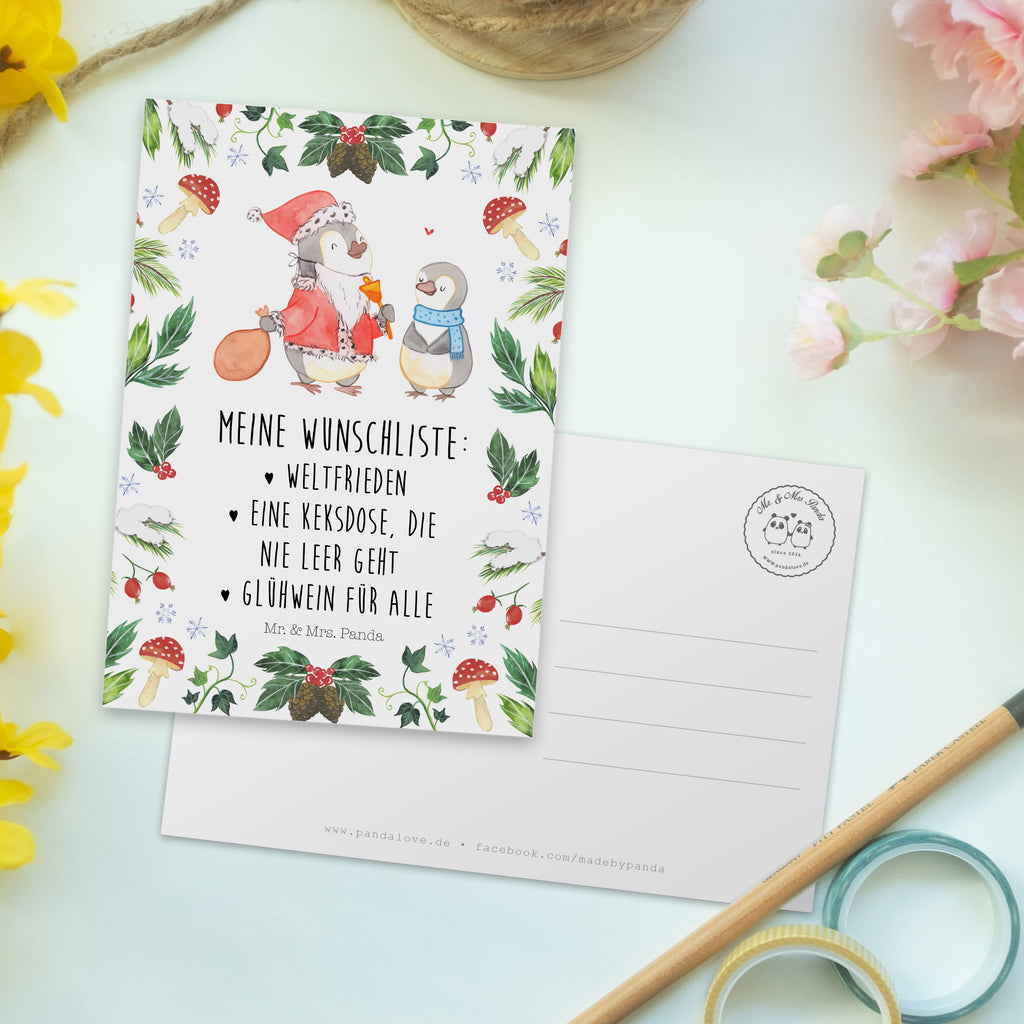 Postkarte Pinguin Wunschliste Geschenkkarte, Grußkarte, Karte, Einladung, Ansichtskarte, Geburtstagskarte, Einladungskarte, Winter, Weihnachten, Weihnachtsdeko, Nikolaus, Advent, Heiligabend, Wintermotiv