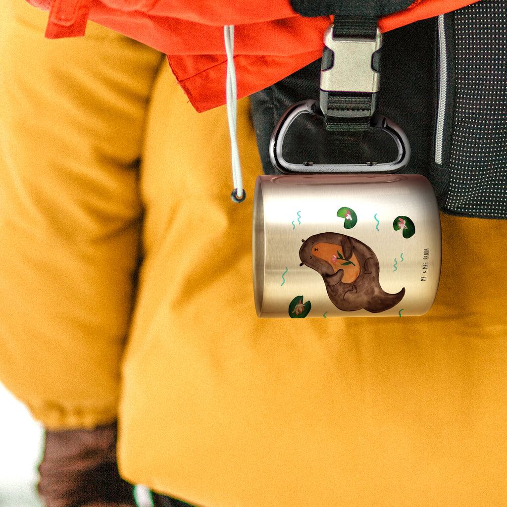 Edelstahlbecher Otter mit Seerose Edelstahltasse, Karabiner, Edelstahlbecher, Outdoor, Camping, Tasse, Becher, Otter, Fischotter, Seeotter, Otter Seeotter See Otter