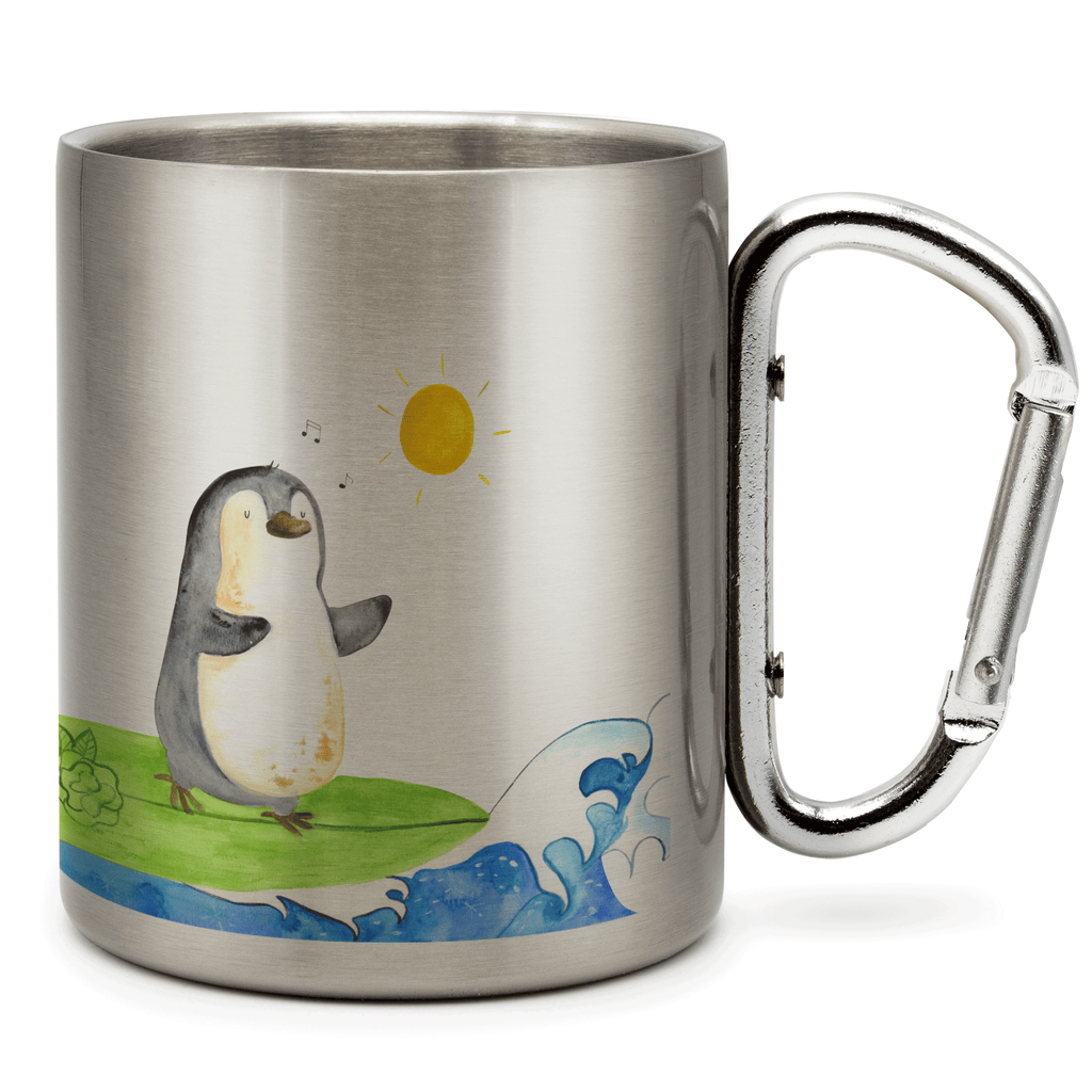 Edelstahlbecher Pinguin Surfer Edelstahltasse, Karabiner, Edelstahlbecher, Outdoor, Camping, Tasse, Becher, Pinguin, Pinguine, surfen, Surfer, Hawaii, Urlaub, Wellen, Wellen reiten, Portugal