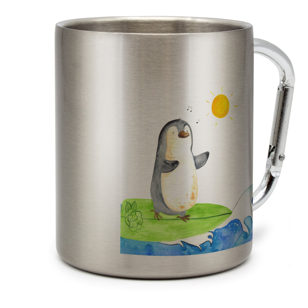 Edelstahlbecher Pinguin Surfer Edelstahltasse, Karabiner, Edelstahlbecher, Outdoor, Camping, Tasse, Becher, Pinguin, Pinguine, surfen, Surfer, Hawaii, Urlaub, Wellen, Wellen reiten, Portugal