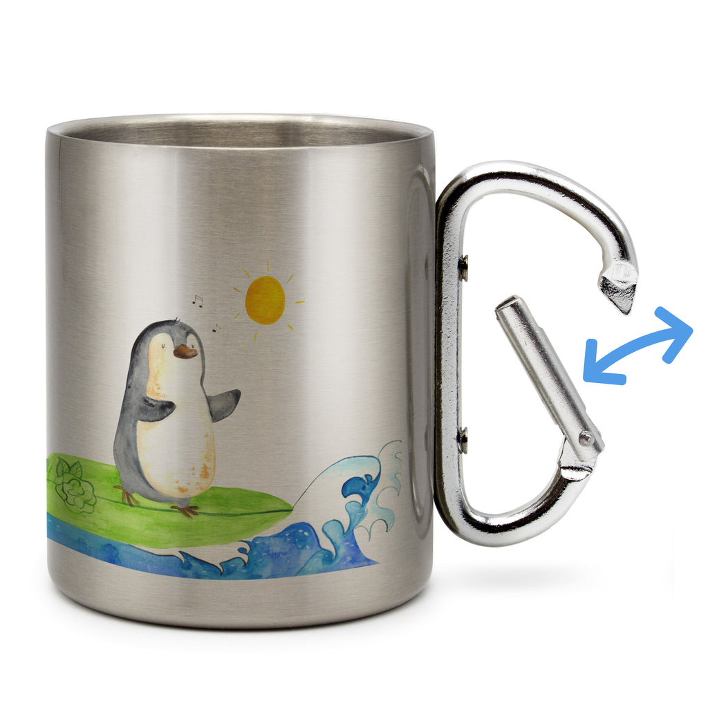 Edelstahlbecher Pinguin Surfer Edelstahltasse, Karabiner, Edelstahlbecher, Outdoor, Camping, Tasse, Becher, Pinguin, Pinguine, surfen, Surfer, Hawaii, Urlaub, Wellen, Wellen reiten, Portugal