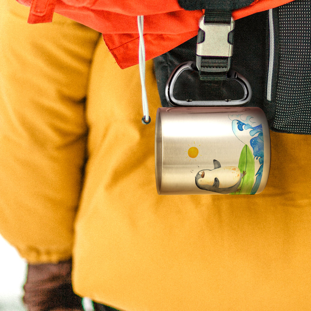 Edelstahlbecher Pinguin Surfer Edelstahltasse, Karabiner, Edelstahlbecher, Outdoor, Camping, Tasse, Becher, Pinguin, Pinguine, surfen, Surfer, Hawaii, Urlaub, Wellen, Wellen reiten, Portugal