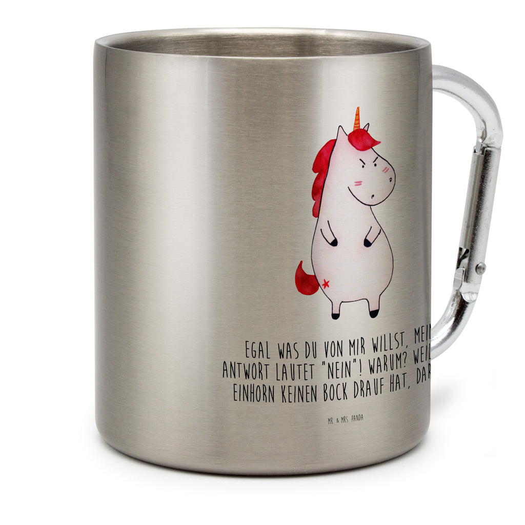 Edelstahlbecher Einhorn wütend Edelstahltasse, Karabiner, Edelstahlbecher, Outdoor, Camping, Tasse, Becher, Einhorn, Einhörner, Einhorn Deko, Pegasus, Unicorn, Realität, Ansage, lustlos, nein, Büro, Arbeit, wütend, dumme Fragen, lustig, Spaß, Geschenk