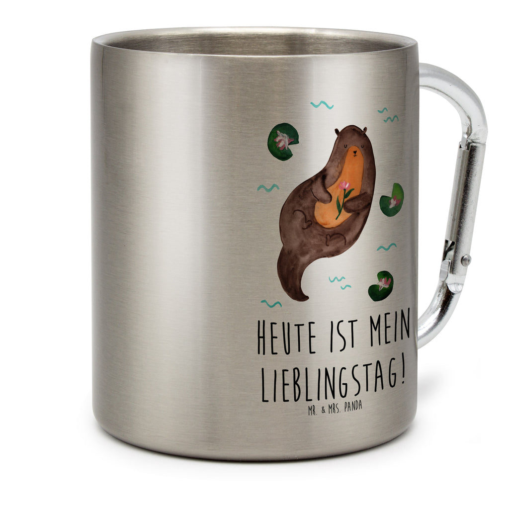 Edelstahlbecher Otter mit Seerose Edelstahltasse, Karabiner, Edelstahlbecher, Outdoor, Camping, Tasse, Becher, Otter, Fischotter, Seeotter, Otter Seeotter See Otter