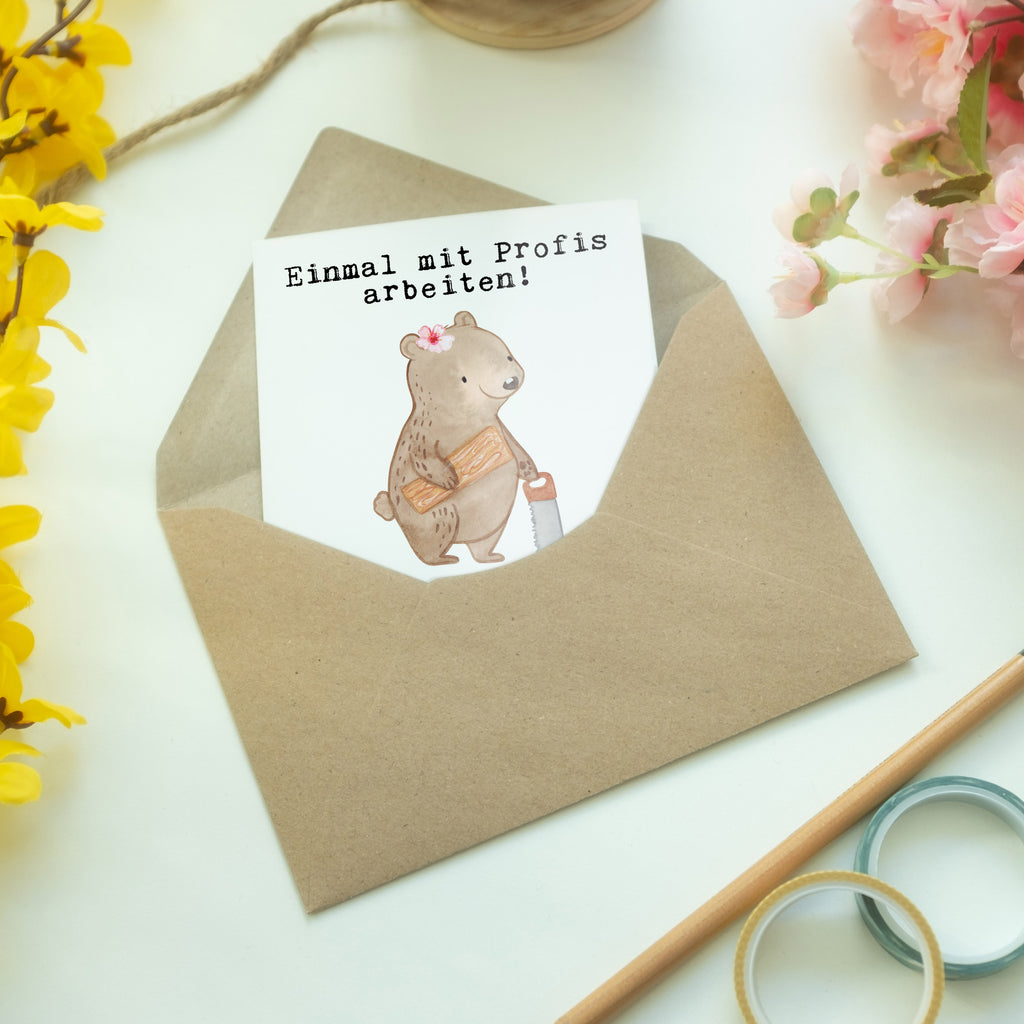 Grußkarte Tischlerin aus Leidenschaft Klappkarte, Einladungskarte, Glückwunschkarte, Hochzeitskarte, Geburtstagskarte, Karte, Beruf, Ausbildung, Jubiläum, Abschied, Rente, Kollege, Kollegin, Geschenk, Schenken, Arbeitskollege, Mitarbeiter, Firma, Danke, Dankeschön