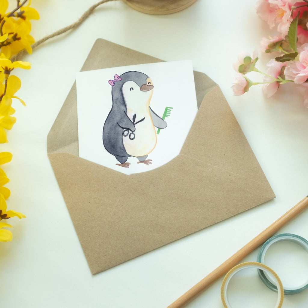 Grußkarte Friseurin mit Herz Klappkarte, Einladungskarte, Glückwunschkarte, Hochzeitskarte, Geburtstagskarte, Karte, Beruf, Ausbildung, Jubiläum, Abschied, Rente, Kollege, Kollegin, Geschenk, Schenken, Arbeitskollege, Mitarbeiter, Firma, Danke, Dankeschön, Frisörin, Haarstylistin, Frisörbesuch, Friseursalon, Eröffnung Friseur