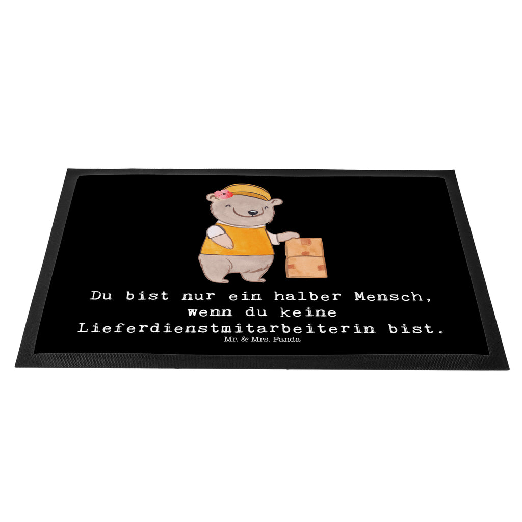 Fußmatte Lieferdienstmitarbeiterin mit Herz Lieferdienstmitarbeiterin, Pizzabäckerin,  Pizzabotin, Pizzabringdienst, Lieferbringdienst,  Türvorleger, Schmutzmatte, Fußabtreter, Matte, Schmutzfänger, Fußabstreifer, Schmutzfangmatte, Türmatte, Motivfußmatte,  Haustürmatte, Vorleger  Beruf, Ausbildung, Jubiläum, Abschied, Rente, Kollege, Kollegin, Geschenk, Schenken, Arbeitskollege, Mitarbeiter, Firma, Danke, Dankeschön
