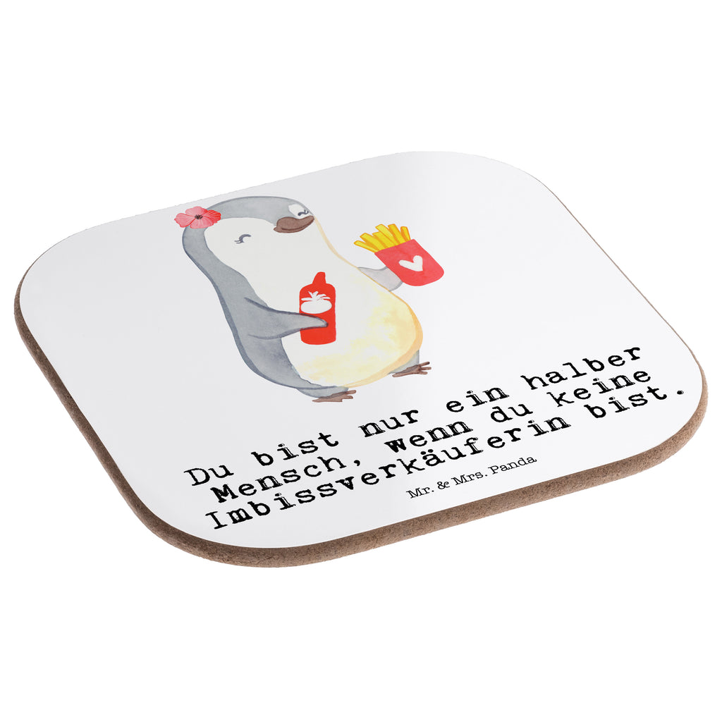 Quadratische Untersetzer Imbissverkäuferin mit Herz Bierdeckel, Glasuntersetzer, Untersetzer Gläser, Getränkeuntersetzer, Beruf, Ausbildung, Jubiläum, Abschied, Rente, Kollege, Kollegin, Geschenk, Schenken, Arbeitskollege, Mitarbeiter, Firma, Danke, Dankeschön, Imbissbesitzerin, Imibissverkäuferin, Pommesverkäuferin