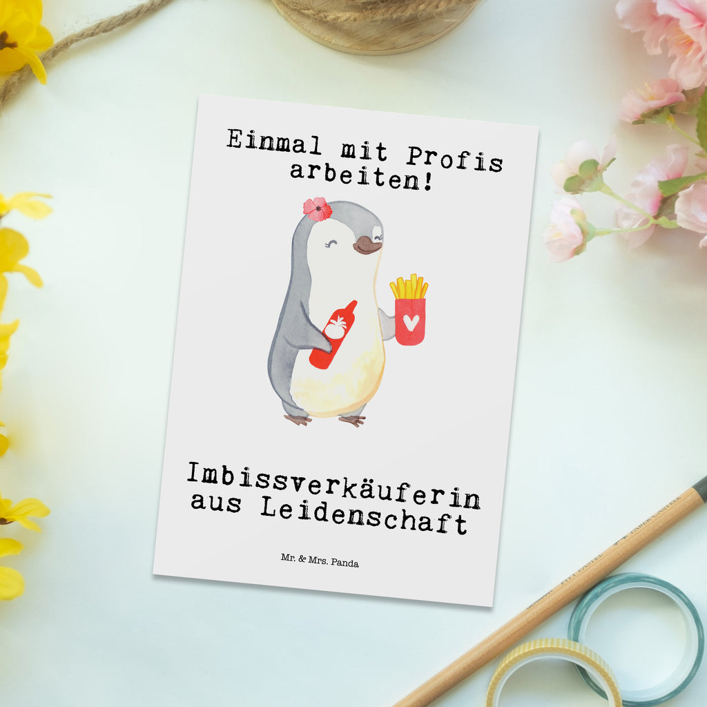 Postkarte Imbissverkäuferin aus Leidenschaft Geschenkkarte, Grußkarte, Karte, Einladung, Ansichtskarte, Geburtstagskarte, Einladungskarte, Dankeskarte, Beruf, Ausbildung, Jubiläum, Abschied, Rente, Kollege, Kollegin, Geschenk, Schenken, Arbeitskollege, Mitarbeiter, Firma, Danke, Dankeschön, Imbissbesitzerin, Imibissverkäuferin, Pommesverkäuferin