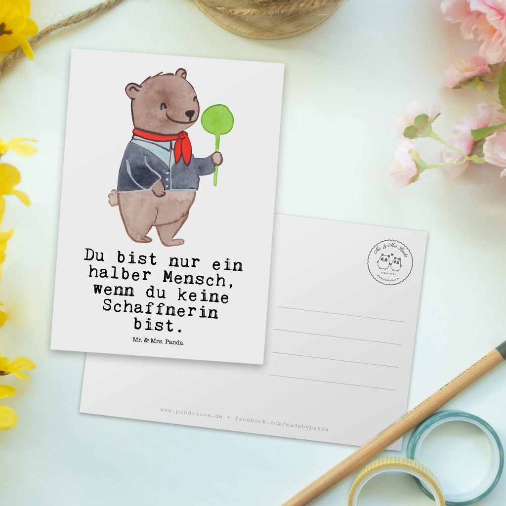 Postkarte Schaffnerin mit Herz Geschenkkarte, Grußkarte, Karte, Einladung, Ansichtskarte, Geburtstagskarte, Einladungskarte, Beruf, Ausbildung, Jubiläum, Abschied, Rente, Kollege, Kollegin, Geschenk, Schenken, Arbeitskollege, Mitarbeiter, Firma, Danke, Dankeschön