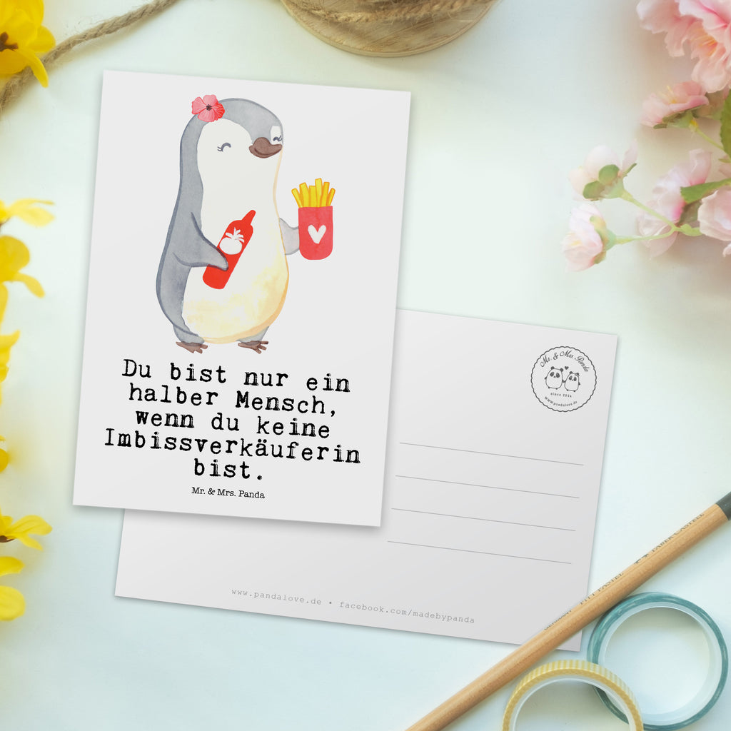 Postkarte Imbissverkäuferin mit Herz Geschenkkarte, Grußkarte, Karte, Einladung, Ansichtskarte, Geburtstagskarte, Einladungskarte, Beruf, Ausbildung, Jubiläum, Abschied, Rente, Kollege, Kollegin, Geschenk, Schenken, Arbeitskollege, Mitarbeiter, Firma, Danke, Dankeschön, Imbissbesitzerin, Imibissverkäuferin, Pommesverkäuferin
