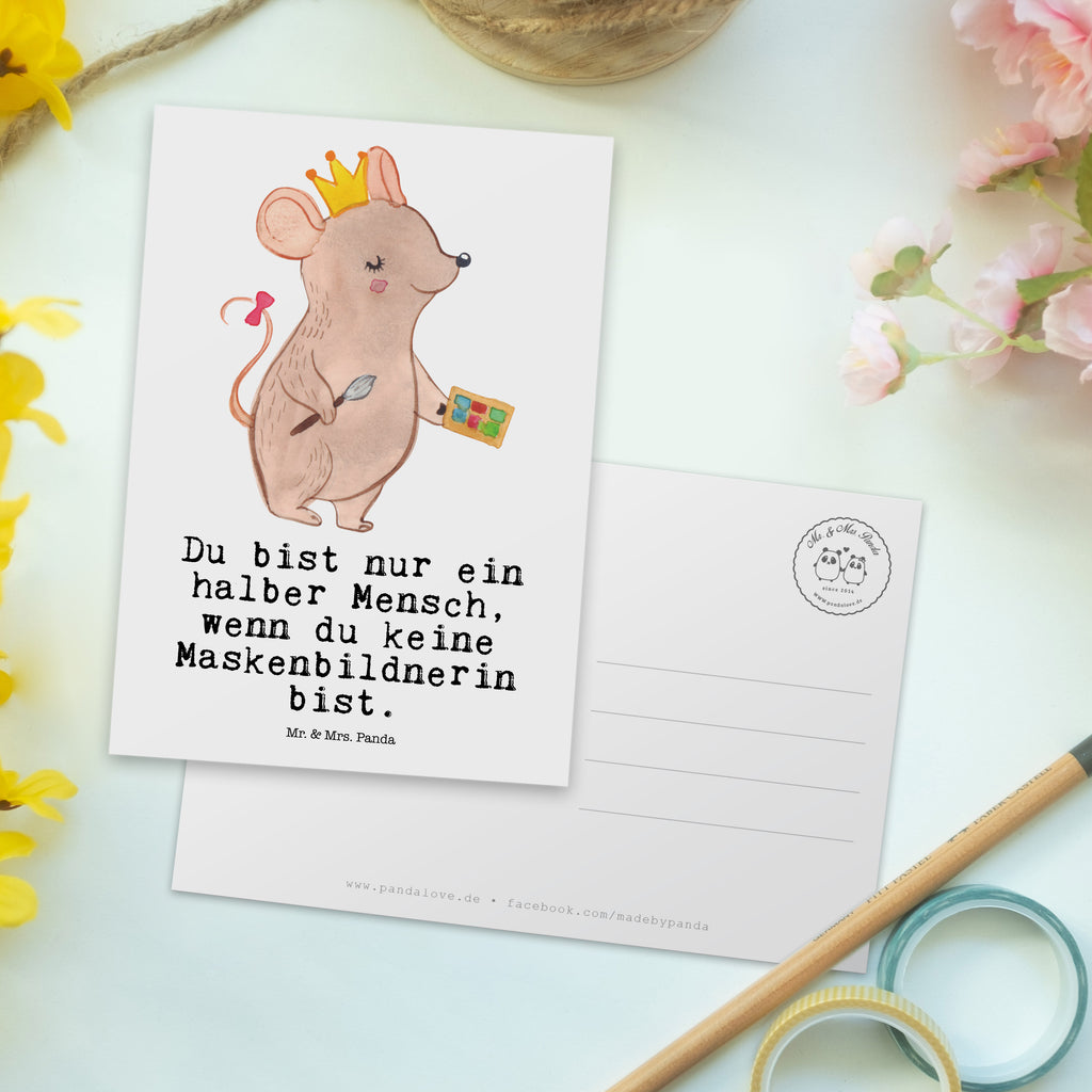 Postkarte Maskenbildnerin mit Herz Geschenkkarte, Grußkarte, Karte, Einladung, Ansichtskarte, Geburtstagskarte, Einladungskarte, Dankeskarte, Beruf, Ausbildung, Jubiläum, Abschied, Rente, Kollege, Kollegin, Geschenk, Schenken, Arbeitskollege, Mitarbeiter, Firma, Danke, Dankeschön, Kosmetikerin, Make Up Artist, Maskenbildnerin, Visagistin, Beauty Salon, Kosmetikstudio, Eröffnung