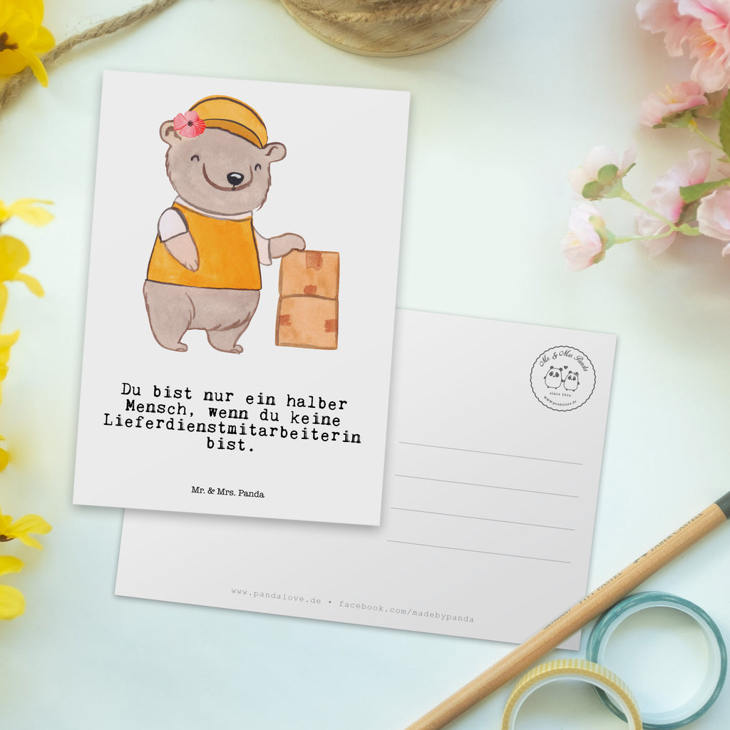 Postkarte Lieferdienstmitarbeiterin mit Herz Geschenkkarte, Grußkarte, Karte, Einladung, Ansichtskarte, Geburtstagskarte, Einladungskarte, Beruf, Ausbildung, Jubiläum, Abschied, Rente, Kollege, Kollegin, Geschenk, Schenken, Arbeitskollege, Mitarbeiter, Firma, Danke, Dankeschön, Lieferdienstmitarbeiterin, Pizzabäckerin, Pizzabotin, Pizzabringdienst, Lieferbringdienst