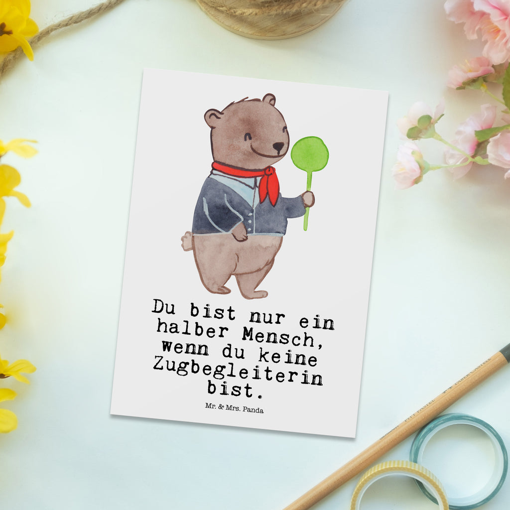 Postkarte Zugbegleiterin mit Herz Geschenkkarte, Grußkarte, Karte, Einladung, Ansichtskarte, Geburtstagskarte, Einladungskarte, Beruf, Ausbildung, Jubiläum, Abschied, Rente, Kollege, Kollegin, Geschenk, Schenken, Arbeitskollege, Mitarbeiter, Firma, Danke, Dankeschön