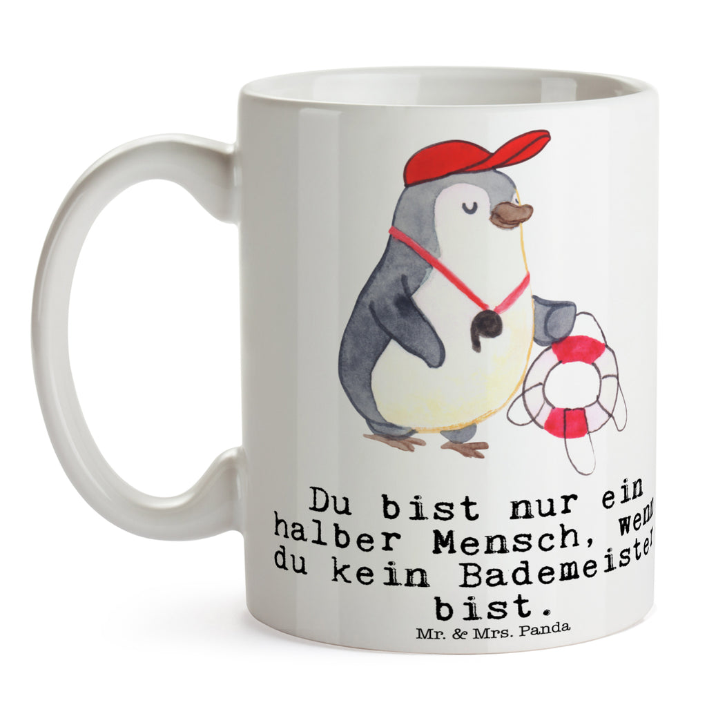 Tasse Bademeister mit Herz Bademeister, Rettungsschwimmer, Schwimmmeister, Schwimmbad, Freibad, Badeanstalt, Schwimmverein, Schwimmschule,  Becher, Kaffeetasse, Kaffeebecher, Tee, Frühstück, Büro  Beruf, Ausbildung, Jubiläum, Abschied, Rente, Kollege, Kollegin, Geschenk, Schenken, Arbeitskollege, Mitarbeiter, Firma, Danke, Dankeschön