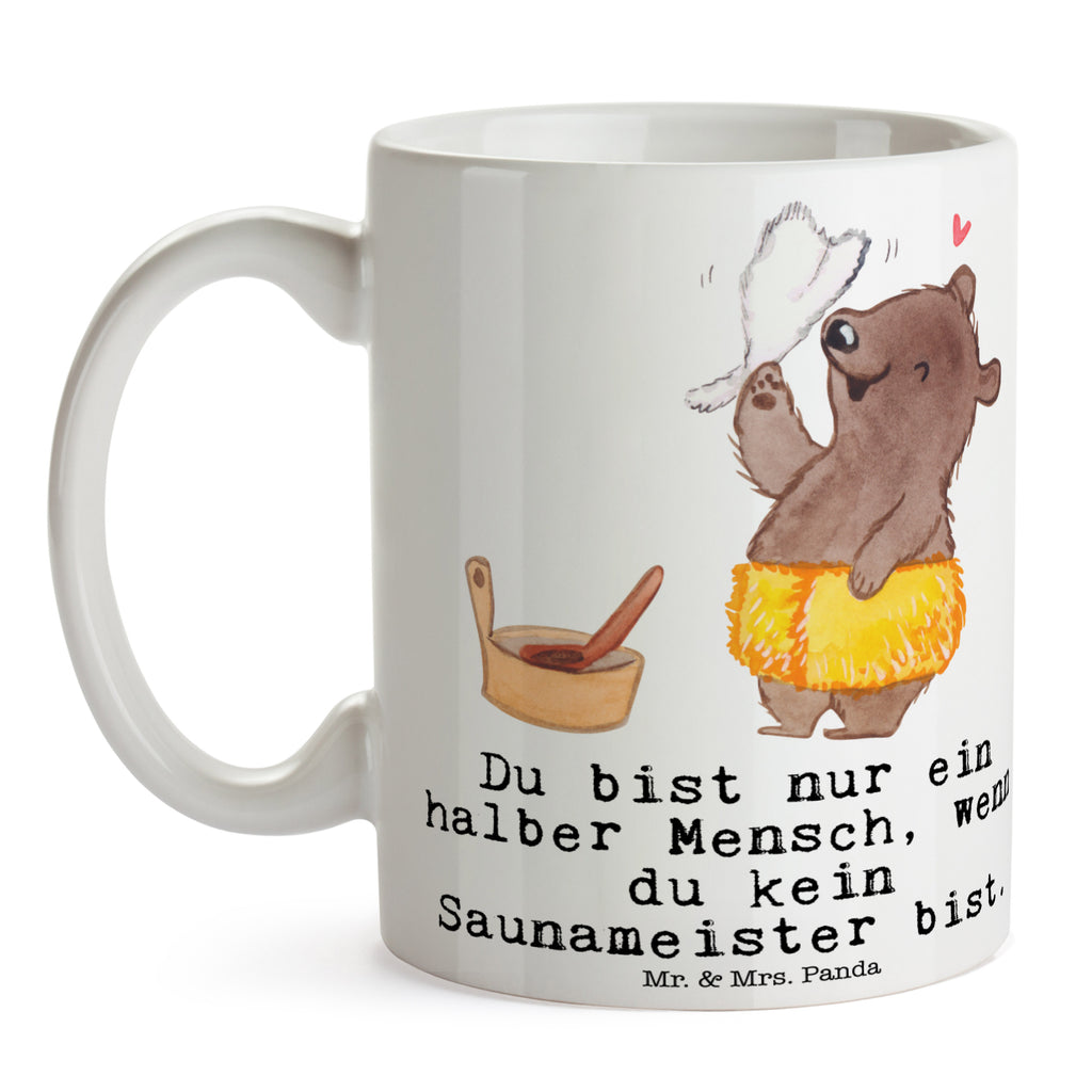 Tasse Saunameister mit Herz  Becher, Kaffeetasse, Kaffeebecher, Tee, Frühstück, Büro  Beruf, Ausbildung, Jubiläum, Abschied, Rente, Kollege, Kollegin, Geschenk, Schenken, Arbeitskollege, Mitarbeiter, Firma, Danke, Dankeschön