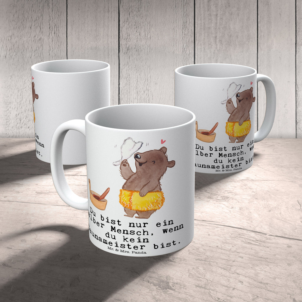Tasse Saunameister mit Herz  Becher, Kaffeetasse, Kaffeebecher, Tee, Frühstück, Büro  Beruf, Ausbildung, Jubiläum, Abschied, Rente, Kollege, Kollegin, Geschenk, Schenken, Arbeitskollege, Mitarbeiter, Firma, Danke, Dankeschön
