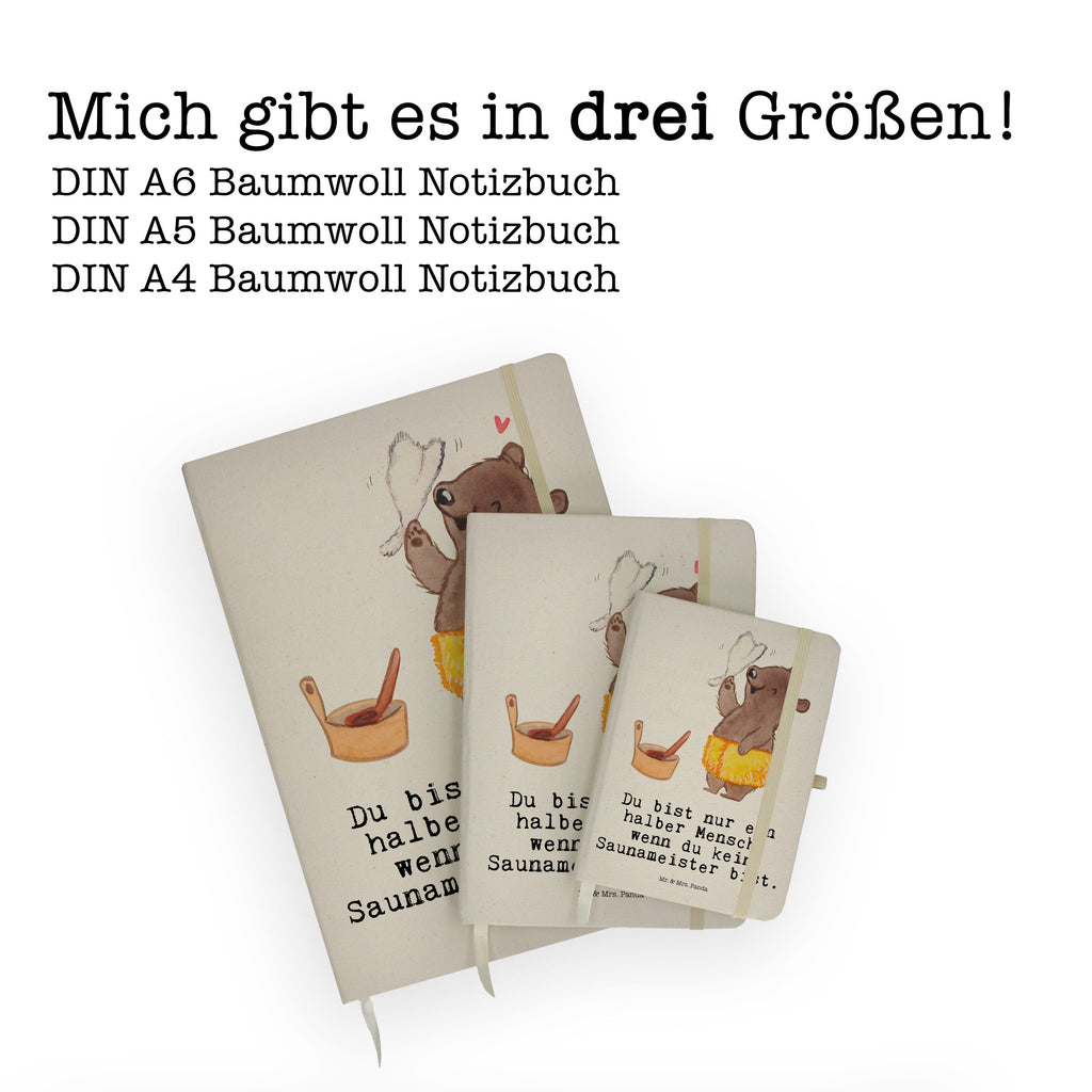 DIN A6 Baumwoll Notizbuch Saunameister mit Herz Notizen, Eintragebuch, Tagebuch, Notizblock, Adressbuch, Journal, Kladde, Skizzenbuch, Notizheft, Schreibbuch, Schreibheft, Beruf, Ausbildung, Jubiläum, Abschied, Rente, Kollege, Kollegin, Geschenk, Schenken, Arbeitskollege, Mitarbeiter, Firma, Danke, Dankeschön