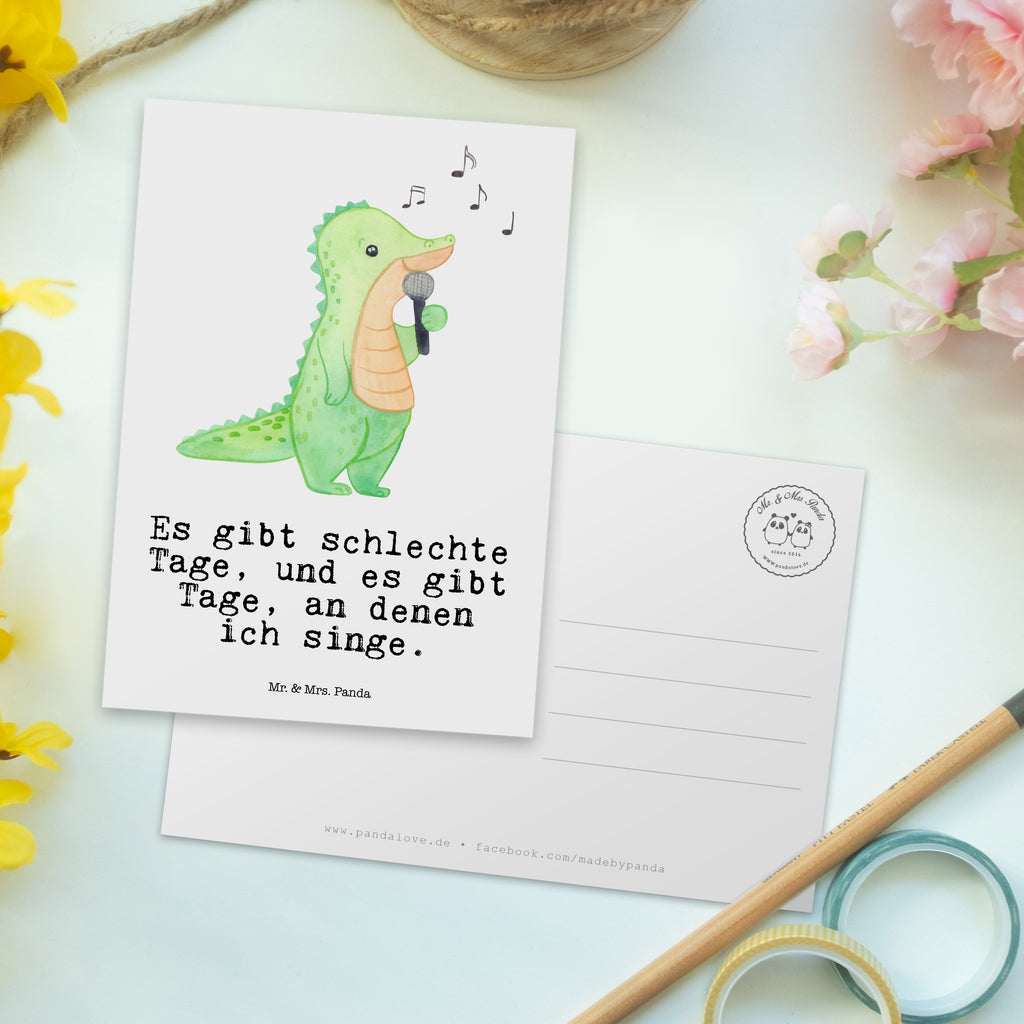 Postkarte Krokodil Singen Tage Geschenkkarte, Grußkarte, Karte, Einladung, Ansichtskarte, Geburtstagskarte, Einladungskarte, Dankeskarte, Geschenk, Sport, Sportart, Hobby, Schenken, Danke, Dankeschön, Auszeichnung, Gewinn, Sportler, Singen, Band, Live Auftritt, Gesang, Hobbysänger