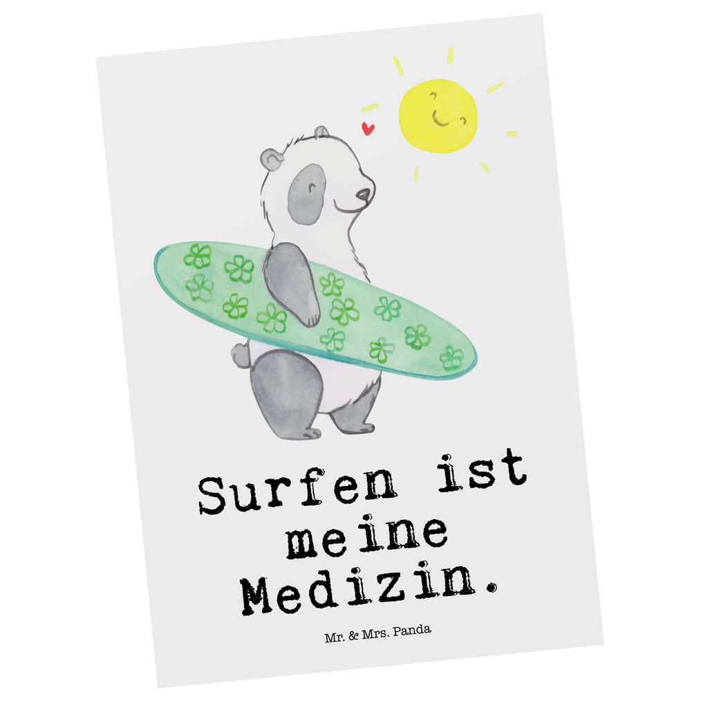 Postkarte Panda Surfen Medizin Geschenkkarte, Grußkarte, Karte, Einladung, Ansichtskarte, Geburtstagskarte, Einladungskarte, Dankeskarte, Geschenk, Sport, Sportart, Hobby, Schenken, Danke, Dankeschön, Auszeichnung, Gewinn, Sportler, Wellenreiten, Surfen, Surfschule, Surfen Erholung