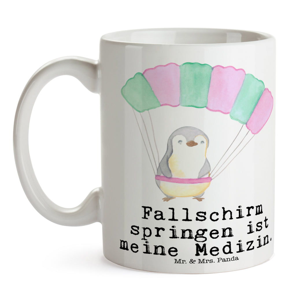 Tasse Pinguin Fallschirm springen Medizin Fallschirmspringen, Skydive, Fallschirmsprung, Tandemsprung, Fallschirmflug, Freifall, Erlebnisgeschenk, Adrenalinkick, Extreme Sport, Luftakrobatik, Adrenalinrausch, Parachute Jumping Becher, Kaffeetasse, Kaffeebecher, Tee, Frühstück, Büro  Geschenk, Sport, Sportart, Hobby, Schenken, Danke, Dankeschön, Auszeichnung, Gewinn, Sportler