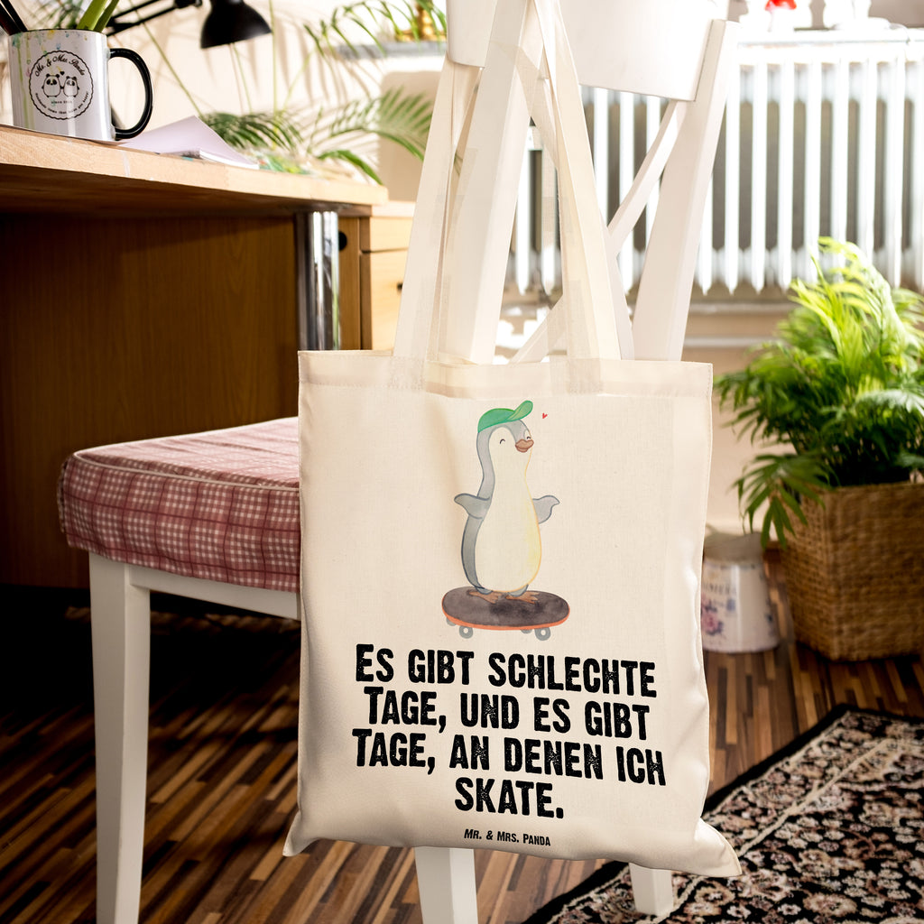 Tragetasche Pinguin Skateboarden Tage Beuteltasche, Beutel, Einkaufstasche, Jutebeutel, Stoffbeutel, Geschenk, Sport, Sportart, Hobby, Schenken, Danke, Dankeschön, Auszeichnung, Gewinn, Sportler, Skateboarden, Skateboard fahren, Skaten, Skateboard, Skateplatz