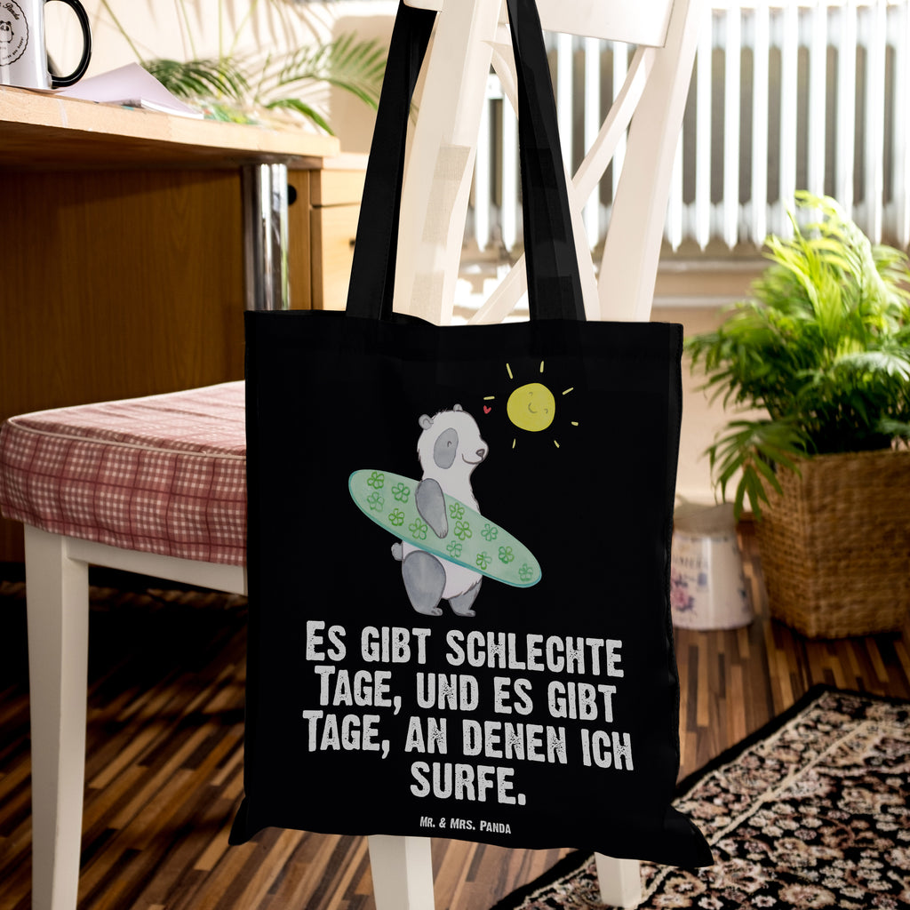 Tragetasche Panda Surfen Tage Beuteltasche, Beutel, Einkaufstasche, Jutebeutel, Stoffbeutel, Geschenk, Sport, Sportart, Hobby, Schenken, Danke, Dankeschön, Auszeichnung, Gewinn, Sportler, Wellenreiten, Surfen, Surfschule