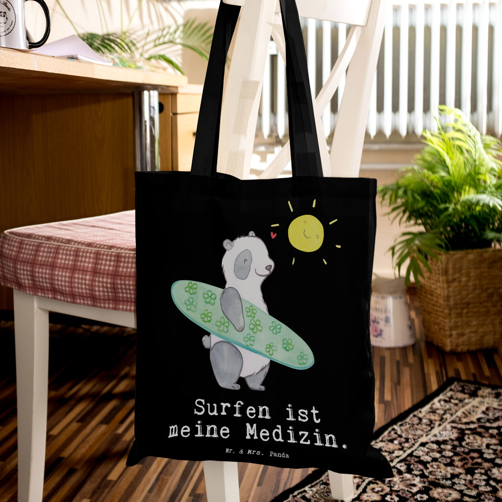 Tragetasche Panda Surfen Medizin Beuteltasche, Beutel, Einkaufstasche, Jutebeutel, Stoffbeutel, Geschenk, Sport, Sportart, Hobby, Schenken, Danke, Dankeschön, Auszeichnung, Gewinn, Sportler, Wellenreiten, Surfen, Surfschule, Surfen Erholung