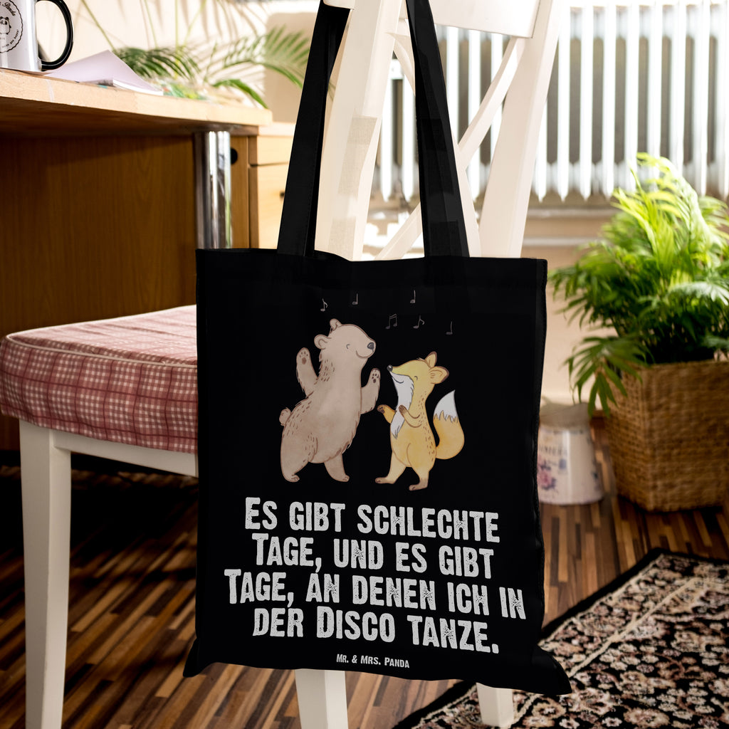 Tragetasche Bär & Fuchs Disco Tage Beuteltasche, Beutel, Einkaufstasche, Jutebeutel, Stoffbeutel, Geschenk, Sport, Sportart, Hobby, Schenken, Danke, Dankeschön, Auszeichnung, Gewinn, Sportler, Disco, Clubs, Tanzen, Feiern, Clubbing, Tanzstimmung, Nachtclub