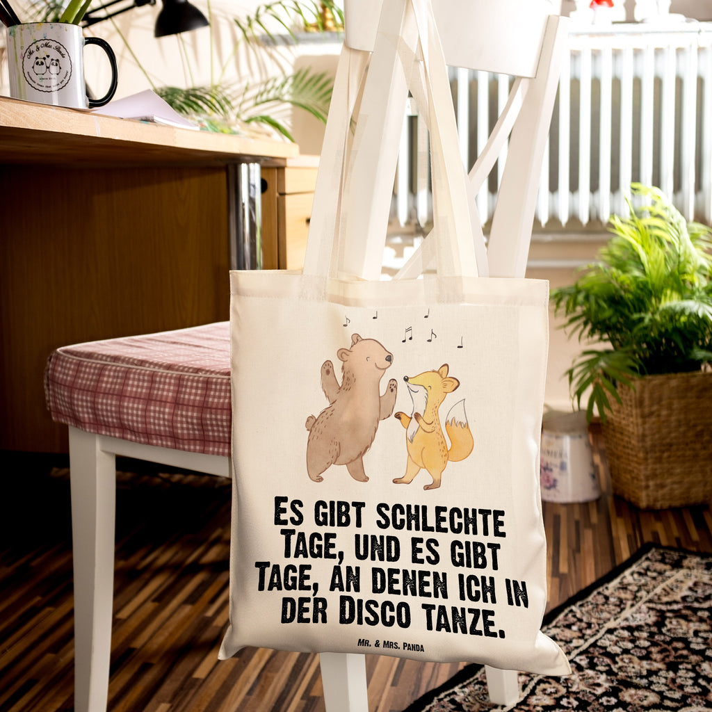 Tragetasche Bär & Fuchs Disco Tage Beuteltasche, Beutel, Einkaufstasche, Jutebeutel, Stoffbeutel, Geschenk, Sport, Sportart, Hobby, Schenken, Danke, Dankeschön, Auszeichnung, Gewinn, Sportler, Disco, Clubs, Tanzen, Feiern, Clubbing, Tanzstimmung, Nachtclub