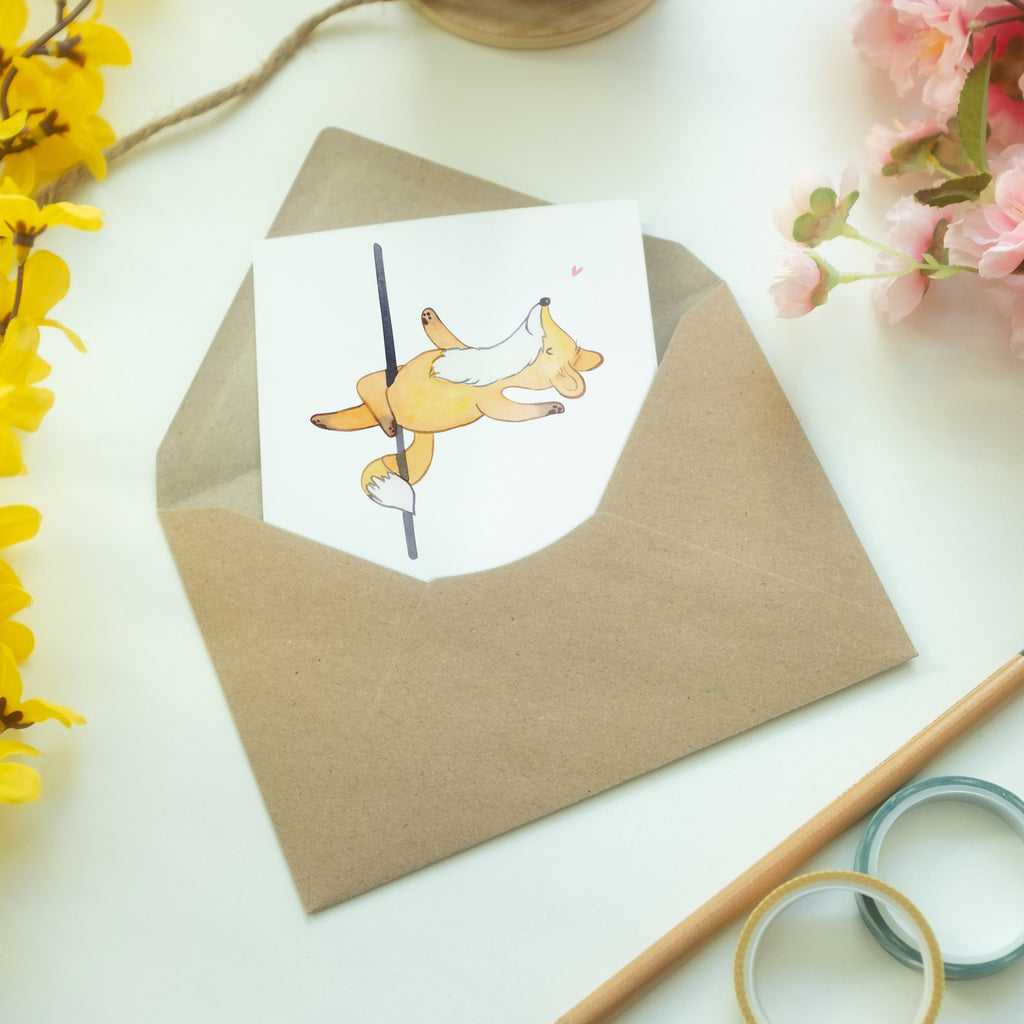 Grußkarte Fuchs Poledance Medizin Klappkarte, Einladungskarte, Glückwunschkarte, Hochzeitskarte, Geburtstagskarte, Karte, Geschenk, Sport, Sportart, Hobby, Schenken, Danke, Dankeschön, Auszeichnung, Gewinn, Sportler, Pole Dance, Tanzen, Tanz