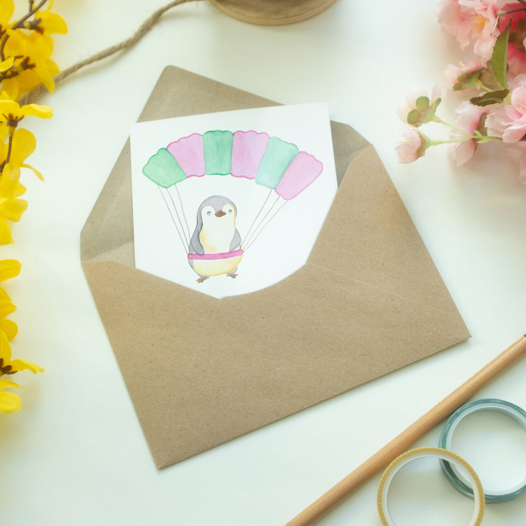 Grußkarte Pinguin Fallschirm springen Tage Klappkarte, Einladungskarte, Glückwunschkarte, Hochzeitskarte, Geburtstagskarte, Karte, Geschenk, Sport, Sportart, Hobby, Schenken, Danke, Dankeschön, Auszeichnung, Gewinn, Sportler, Fallschirmspringen, Skydive, Fallschirmsprung